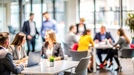 Blurred Meeting Space - Soft-focus background of a modern meeting space with people interacting.
