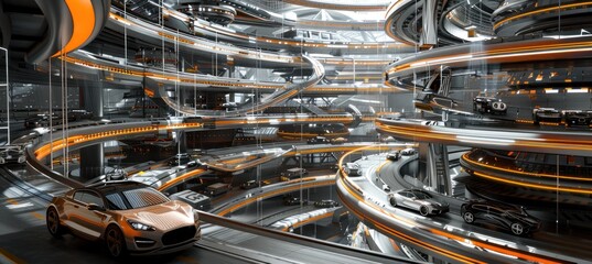 Car parking lot with many cars on the floating spiral platform