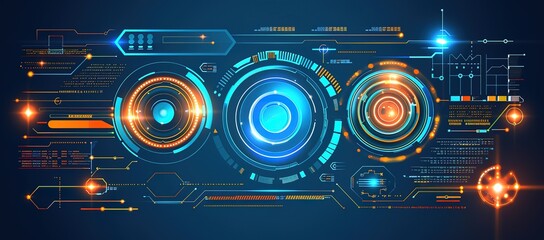 Abstract futuristic technology background with glowing HUD interface elements and digital data.