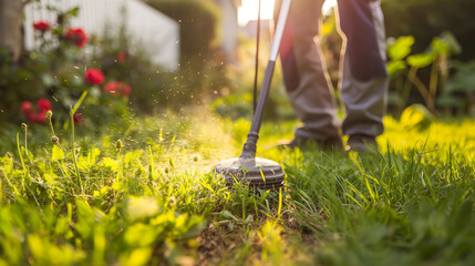 Landscape maintenance concept. Man cutting grass in yard by using electric string grass trimmer