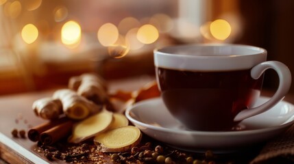 Obraz premium delicious tea on a white cup, ginger bits, cloves, cinnamon, cardamom, fennel, aniseed behind the tea