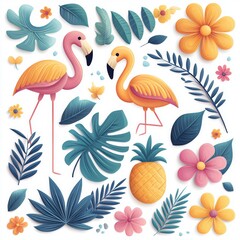 Naklejka premium Colorful tropical illustration with flamingos, flowers, leaves, and a pineapple. Perfect for summer or beach-themed designs.