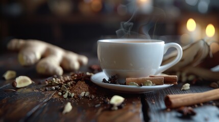 delicious tea on a white cup, ginger bits, cloves, cinnamon, cardamom, fennel, aniseed behind the tea