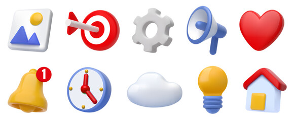 3d icons. Home, play heart and star target lighting, realistic web button objects or business bulb elements. Simple lightbulb and megaphone, cloud and clock. Vector cartoon social media set