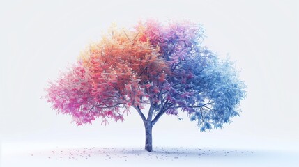 Obraz premium A vivid tree with icy branches and multicolored leaves on a white background.