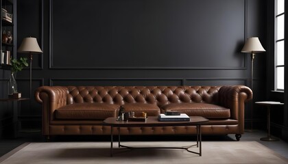 A brown leather tufted Chesterfield sofa in a modern, minimalist living room with dark walls and decor.