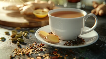 delicious tea on a white cup, ginger bits, cloves, cinnamon, cardamom, fennel, aniseed behind the tea