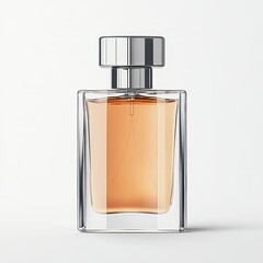 Elegant perfume bottle with a minimalist design filled with amber liquid, isolated on a white background.