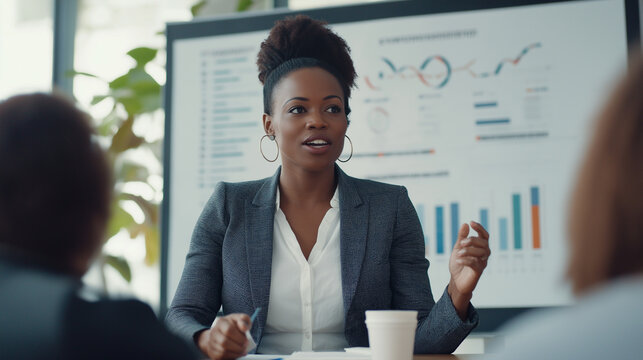 Businesswoman presents data analysis during a corporate meeting in an office setting
