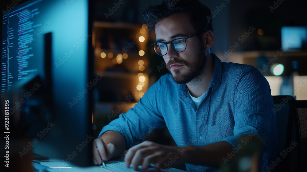 Poster young man coding on a computer at night in a cozy workspace filled with warm lights