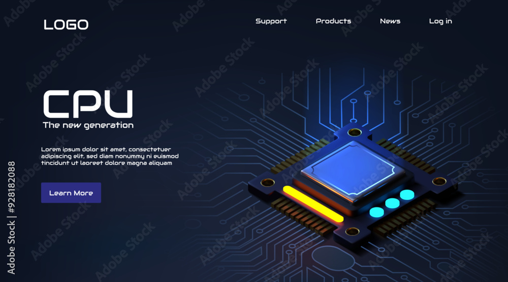 Poster Circuit background. Chip board. CPU microchip. Tech computer information of hardware. Micro processor. Electronic motherboard. Cyber engineering. PC microprocessor. Vector banner design