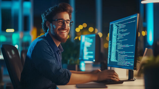 Young programmer working at a desk with multiple monitors in a modern office setting during the evening