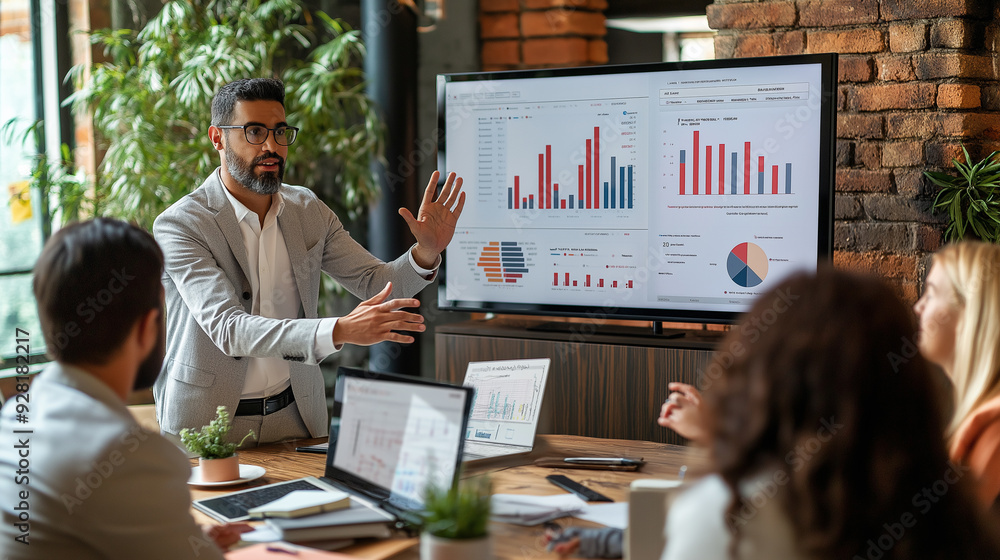 Poster a business professional presents data insights to a team in a modern office setting during a collabo