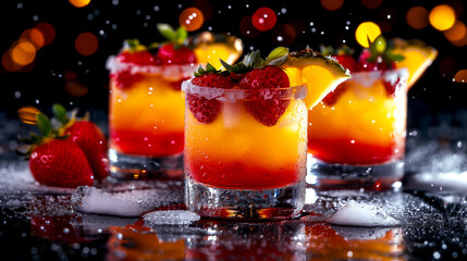 Three glasses of mixed fruit drinks with strawberries and oranges. The drinks are served in a bar setting