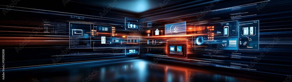 Poster panini projection of a futuristic home automation system managing various devices in a colorful, dyn