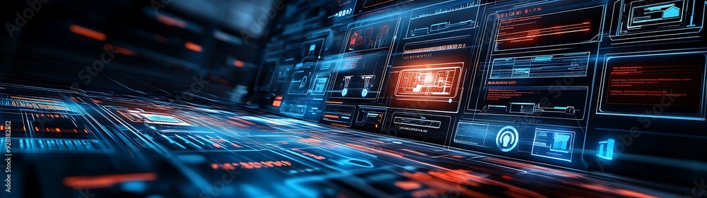 Poster panini projection of a futuristic home automation system managing various devices in a colorful, dyn