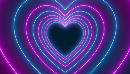 Illustation of many hearts in neon blue and neon magenta on dark background - abstract background.