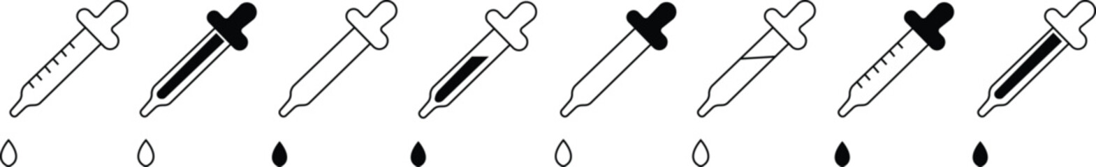 Dropper icon set .Tincture icons , Pipette symbols, medical serum picker sign template. science ink pick pipet instrument icon, isolated on transparent background, for web site, mobile apps and ui.