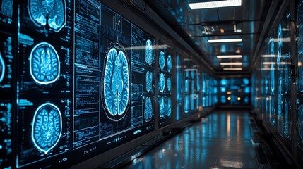 Fototapeta premium Futuristic corridor with brain scans displayed.
