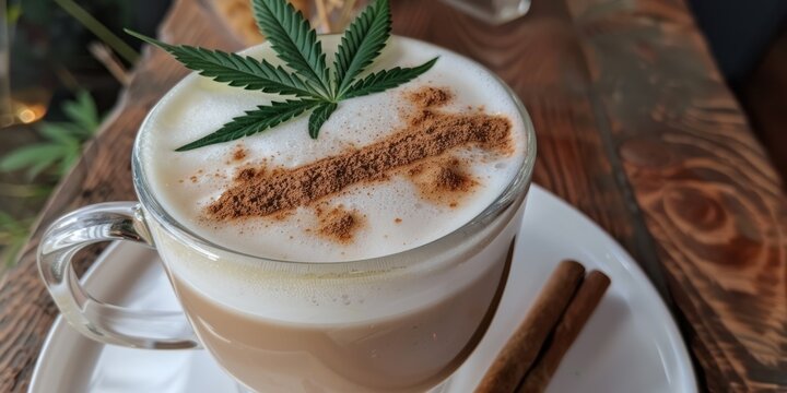 Cannabis coffee latte with frothy milk and cinnamon, cannabis leaf garnish on a white plate