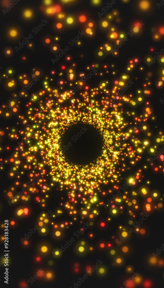 Poster vertical illustation of red and yellow particles in a tunnel on a dark background - abstract backgro