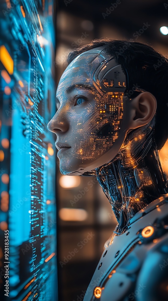 Poster futuristic cyborg examining code.