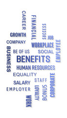 Vertical illustation of benefits keywords cloud with blue text on white background - business concept.