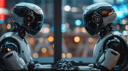 Fototapeta premium Robot and human working together, AI, machine learning, innovation.