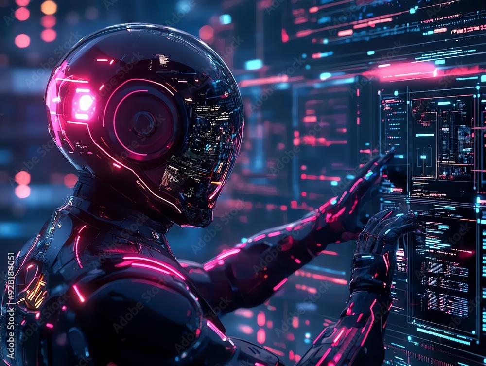 Poster futuristic cyborg interacting with digital interface.