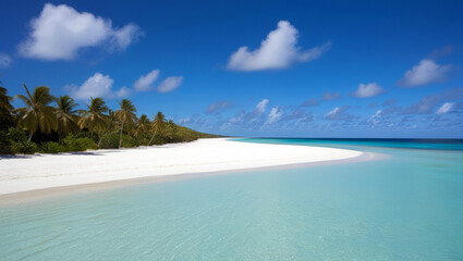 A tropical island beach with crystal clear water and beautiful white sand.
