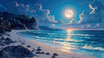 A picturesque beach featuring warm sand, calm ocean waves, and a sunny sky, ideal for a day of leisure and enjoyment.