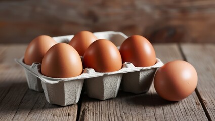 Group of fresh brown chicken eggs in rustic basket isolated on white background