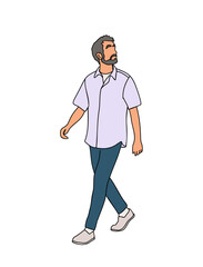 Business man walking. Stylish bearded man wearing smart casual outfit. Vector cartoon realistic illustration isolated on transparent background.