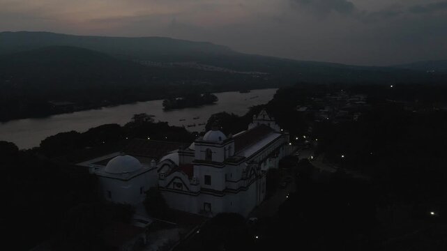 Chiapa de Corzo, Mexico town aerial after sunset, landmark building Latin America