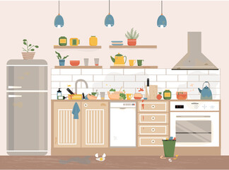 Interior of a dirty and messy kitchen with dirty dishes, furniture. Kitchen before tidying up and cleaning.