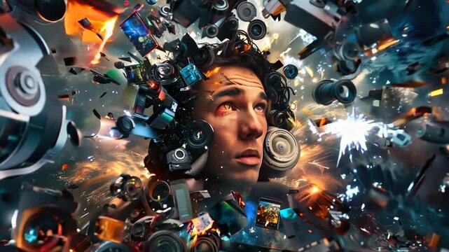 Mind Overdrive: Man's head explodes with technology, a vibrant collage of innovation and information overload. 