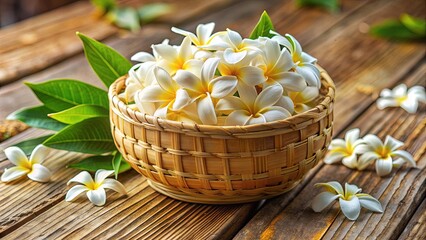 Delicate white sampaguita flowers with yellow centers and sweet fragrance cascade down a woven bamboo basket, symbolizing love and purity in Filipino culture.