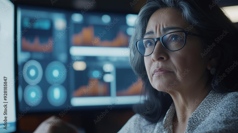 Poster woman analyzing data on multiple computer screens in an office environment during the evening