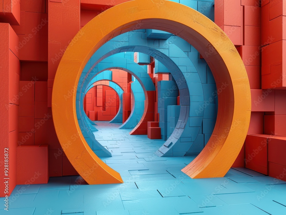 Poster vibrant abstract corridors featuring circular shapes in red and blue, creating a striking visual per