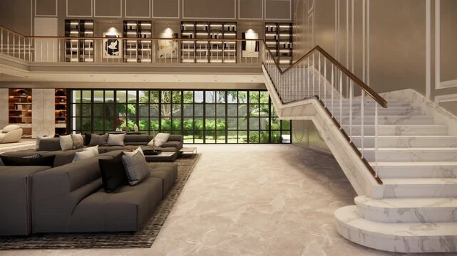 Interior Empty Modern luxury house open space .Living room and pantry kitchen. home office .duplex space interior .3D Rendering .Bedroom walkin closet,bath room,working area .