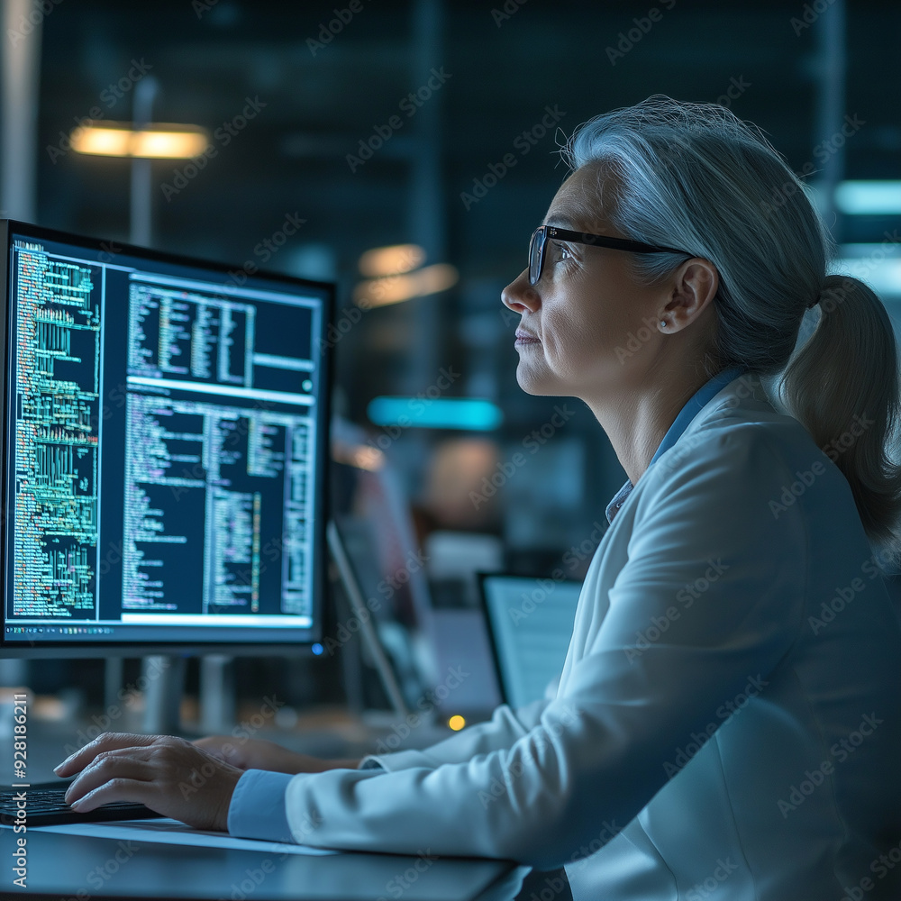 Poster data analyst working late at night in a modern office, focused on computer screens displaying code a