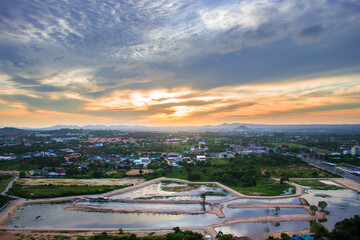 Pattaya city high angle skyline view at sunset.