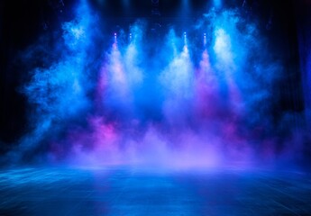Fototapeta premium A theater stage bathed in blue and purple lighting, with a subtle fog effect, creating an ethereal and otherworldly atmosphere