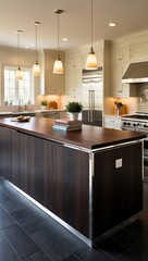 Modern Kitchen with Dark Wood Island and Pendant Lights