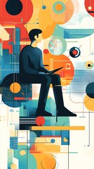 A stylized illustration of a person sitting and reading in a colorful, geometric world.