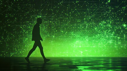 silhouette of a person walking in high-tech concept art featuring glowing green lights.