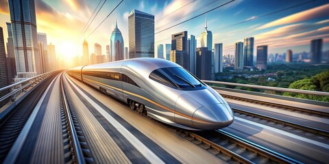 Dynamic isometric illustration of a sleek, silver bullet train bursting through a blurred cityscape, conveying high-speed motion and modern transportation.