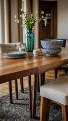  Rustic Wooden Dining Table with Blue and White China