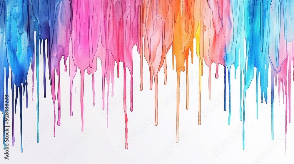 Poster a vibrant cascade of rainbow acrylic paint flows gracefully over a white canvas, creating a mesmeriz