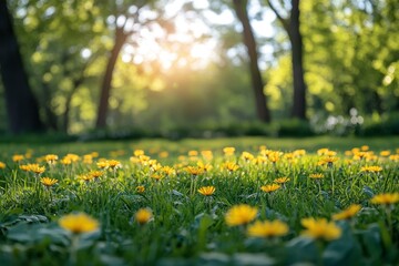 Obraz premium Beautiful spring natural background. Landscape with young lush green grass with blooming dandelions against the background of trees in the garden, Generative AI